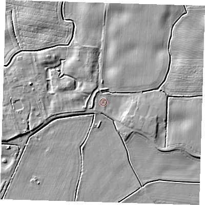Shaded relief map of the ground around PE128LW, computed from Environment Agency LiDAR. The ground here sits at about 4 m above sea level and falls 7 m across the surrounding 800 m. Surface water reaching this point runs off ground lying to the north-west, 2.1 m higher.