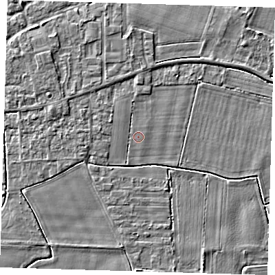 Shaded relief map of the ground around PE128LX, computed from Environment Agency LiDAR. The ground here sits at about 3 m above sea level and falls 3 m across the surrounding 800 m. Surface water reaching this point runs off ground lying to the west-north-west, 1.2 m higher.