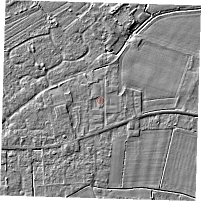 Shaded relief map of the ground around PE128LY, computed from Environment Agency LiDAR. The ground here sits at about 3 m above sea level and falls 4 m across the surrounding 800 m. Surface water reaching this point runs off ground lying to the north-north-east, 0.6 m higher.
