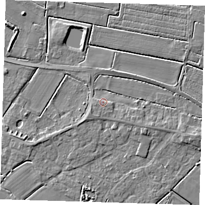 Shaded relief map of the ground around PE128LZ, computed from Environment Agency LiDAR. The ground here sits at about 4 m above sea level and falls 4 m across the surrounding 800 m. Surface water reaching this point runs off ground lying to the east-south-east, 2.3 m higher.
