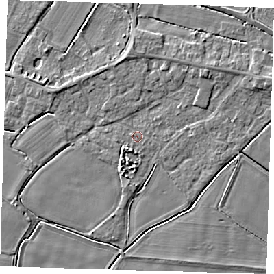Shaded relief map of the ground around PE128NB, computed from Environment Agency LiDAR. The ground here sits at about 3 m above sea level and falls 4 m across the surrounding 800 m. Surface water reaching this point runs off ground lying to the east-north-east, 2.5 m higher.