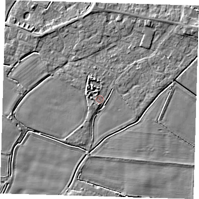 Shaded relief map of the ground around PE128ND, computed from Environment Agency LiDAR. The ground here sits at about 3 m above sea level and falls 4 m across the surrounding 800 m. Surface water reaching this point runs off ground lying to the west-north-west, 2.2 m higher.
