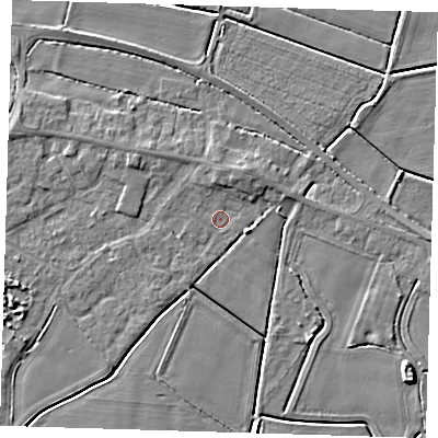 Shaded relief map of the ground around PE128NP, computed from Environment Agency LiDAR. The ground here sits at about 3 m above sea level and falls 5 m across the surrounding 800 m. Surface water reaching this point runs off ground lying to the north, 2.1 m higher.