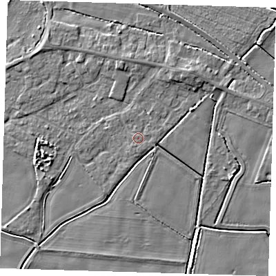 Shaded relief map of the ground around PE128NR, computed from Environment Agency LiDAR. The ground here sits at about 3 m above sea level and falls 4 m across the surrounding 800 m. Surface water reaching this point runs off ground lying to the south-south-west, 0.7 m higher.