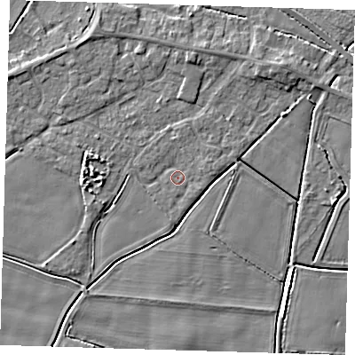 Shaded relief map of the ground around PE128NS, computed from Environment Agency LiDAR. The ground here sits at about 3 m above sea level and falls 4 m across the surrounding 800 m. Surface water reaching this point runs off ground lying to the west, 2.6 m higher.