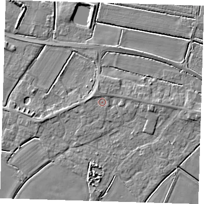Shaded relief map of the ground around PE128NT, computed from Environment Agency LiDAR. The ground here sits at about 4 m above sea level and falls 4 m across the surrounding 800 m. Surface water reaching this point runs off ground lying to the west-north-west, 1.1 m higher.