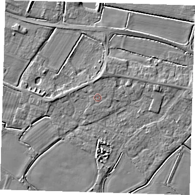 Shaded relief map of the ground around PE128NU, computed from Environment Agency LiDAR. The ground here sits at about 4 m above sea level and falls 4 m across the surrounding 800 m. Surface water reaching this point runs off ground lying to the north, 1.3 m higher.
