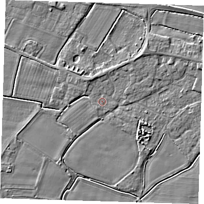 Shaded relief map of the ground around PE128NY, computed from Environment Agency LiDAR. The ground here sits at about 4 m above sea level and falls 4 m across the surrounding 800 m. The ground contributing surface water to this point lies to the south-south-west.