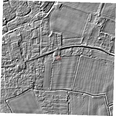 Shaded relief map of the ground around PE128NZ, computed from Environment Agency LiDAR. The ground here sits at about 3 m above sea level and falls 3 m across the surrounding 800 m. Surface water reaching this point runs off ground lying to the north-north-east, 0.8 m higher.