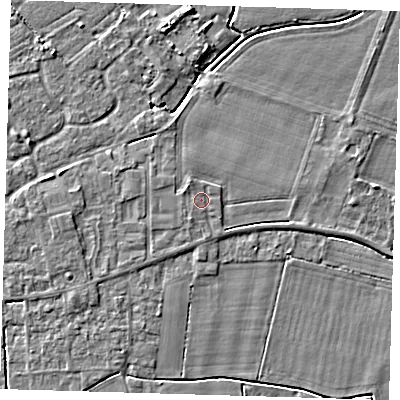Shaded relief map of the ground around PE128PA, computed from Environment Agency LiDAR. The ground here sits at about 4 m above sea level and falls 4 m across the surrounding 800 m. Surface water reaching this point runs off ground lying to the north-west, 0.8 m higher.
