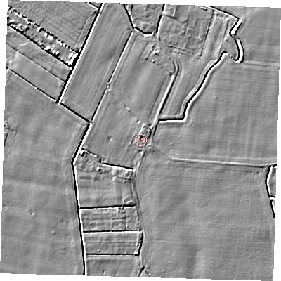 Shaded relief map of the ground around PE128PB, computed from Environment Agency LiDAR. The ground here sits at about 3 m above sea level and falls 6 m across the surrounding 800 m. Surface water reaching this point runs off ground lying to the north-north-east, 0.6 m higher.