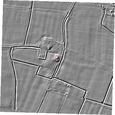 Shaded relief map of the ground around PE128PD, computed from Environment Agency LiDAR. The ground here sits at about 4 m above sea level and falls 3 m across the surrounding 800 m. Surface water reaching this point runs off ground lying to the east, 1.2 m higher.