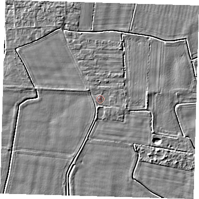 Shaded relief map of the ground around PE128PE, computed from Environment Agency LiDAR. The ground here sits at about 3 m above sea level and falls 3 m across the surrounding 800 m. Surface water reaching this point runs off ground lying to the south, 1.4 m higher.