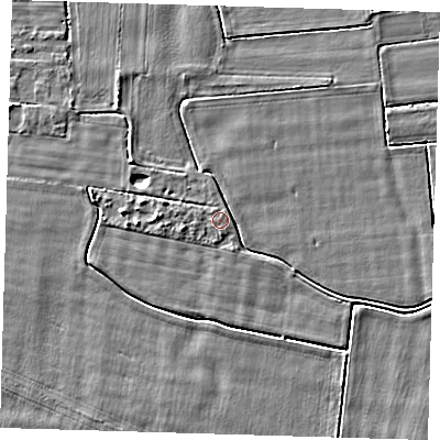 Shaded relief map of the ground around PE128PF, computed from Environment Agency LiDAR. The ground here sits at about 3 m above sea level and falls 3 m across the surrounding 800 m. Surface water reaching this point runs off ground lying to the west-north-west, 2.2 m higher.