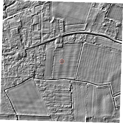 Shaded relief map of the ground around PE128PG, computed from Environment Agency LiDAR. The ground here sits at about 3 m above sea level and falls 3 m across the surrounding 800 m. Surface water reaching this point runs off ground lying to the north, 0.8 m higher.