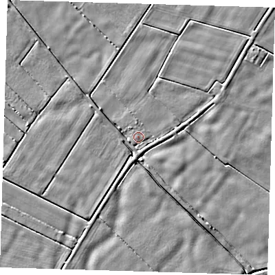 Shaded relief map of the ground around PE128PJ, computed from Environment Agency LiDAR. The ground here sits at about 2 m above sea level and falls 3 m across the surrounding 800 m. Surface water reaching this point runs off ground lying to the east, 1.5 m higher.