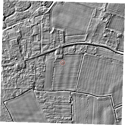 Shaded relief map of the ground around PE128PL, computed from Environment Agency LiDAR. The ground here sits at about 3 m above sea level and falls 3 m across the surrounding 800 m. Surface water reaching this point runs off ground lying to the north-north-west, 0.5 m higher.