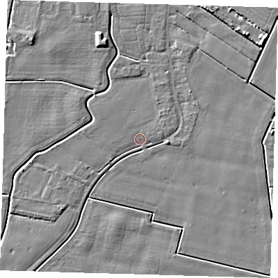Shaded relief map of the ground around PE128PP, computed from Environment Agency LiDAR. The ground here sits at about 3 m above sea level and falls 6 m across the surrounding 800 m. Surface water reaching this point runs off ground lying to the north-west, 1.5 m higher.