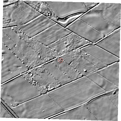 Shaded relief map of the ground around PE128PS, computed from Environment Agency LiDAR. The ground here sits at about 2 m above sea level and falls 4 m across the surrounding 800 m. Surface water reaching this point runs off ground lying to the west-north-west, 1.1 m higher.