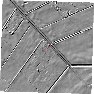 Shaded relief map of the ground around PE128PT, computed from Environment Agency LiDAR. The ground here sits at about 2 m above sea level and falls 4 m across the surrounding 800 m. Surface water reaching this point runs off ground lying to the north, 1.8 m higher.