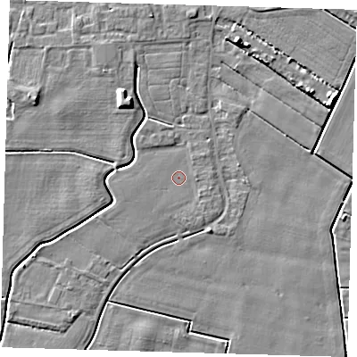 Shaded relief map of the ground around PE128PU, computed from Environment Agency LiDAR. The ground here sits at about 3 m above sea level and falls 6 m across the surrounding 800 m. Surface water reaching this point runs off ground lying to the west-south-west, 0.8 m higher.