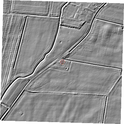 Shaded relief map of the ground around PE128QD, computed from Environment Agency LiDAR. The ground here sits at about 3 m above sea level and falls 3 m across the surrounding 800 m. Surface water reaching this point runs off ground lying to the west-south-west, 0.8 m higher.