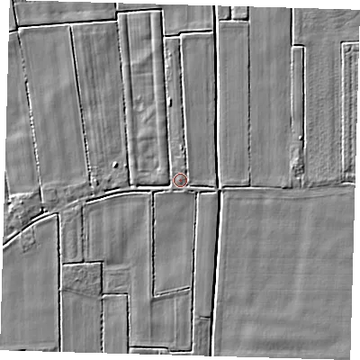 Shaded relief map of the ground around PE128QE, computed from Environment Agency LiDAR. The ground here sits at about 3 m above sea level and falls 3 m across the surrounding 800 m. Surface water reaching this point runs off ground lying to the west-north-west, 1.4 m higher.