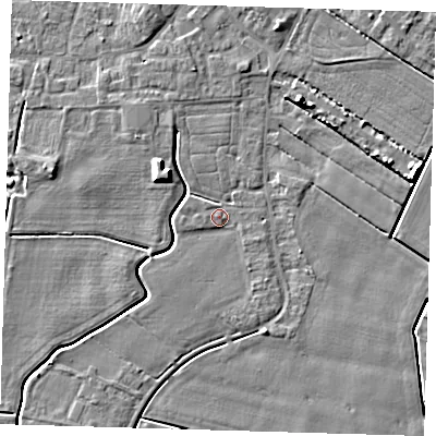 Shaded relief map of the ground around PE128QG, computed from Environment Agency LiDAR. The ground here sits at about 3 m above sea level and falls 6 m across the surrounding 800 m. Surface water reaching this point runs off ground lying to the south-west, 1.0 m higher.