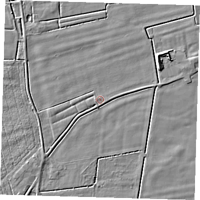 Shaded relief map of the ground around PE128QH, computed from Environment Agency LiDAR. The ground here sits at about 2 m above sea level and falls 5 m across the surrounding 800 m. Surface water reaching this point runs off ground lying to the south-west, 1.6 m higher.