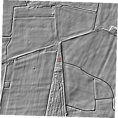 Shaded relief map of the ground around PE128QN, computed from Environment Agency LiDAR. The ground here sits at about 3 m above sea level and falls 3 m across the surrounding 800 m. Surface water reaching this point runs off ground lying to the west-north-west, 1.8 m higher.