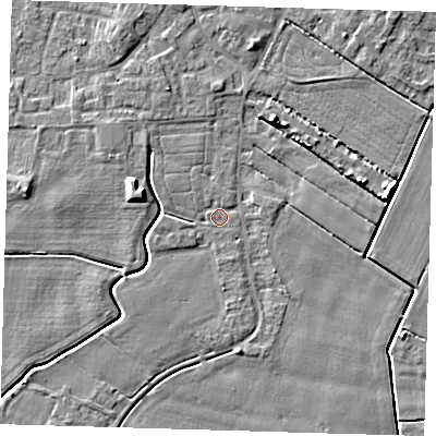 Shaded relief map of the ground around PE128QP, computed from Environment Agency LiDAR. The ground here sits at about 3 m above sea level and falls 6 m across the surrounding 800 m. Surface water reaching this point runs off ground lying to the west-north-west, 6.0 m higher.