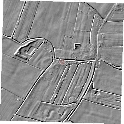Shaded relief map of the ground around PE128QR, computed from Environment Agency LiDAR. The ground here sits at about 2 m above sea level and falls 4 m across the surrounding 800 m. Surface water reaching this point runs off ground lying to the east, 2.0 m higher.