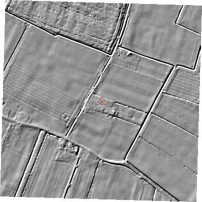 Shaded relief map of the ground around PE128QS, computed from Environment Agency LiDAR. The ground here sits at about 3 m above sea level and falls 4 m across the surrounding 800 m. Surface water reaching this point runs off ground lying to the east-south-east, 0.7 m higher.