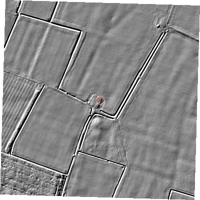 Shaded relief map of the ground around PE128QT, computed from Environment Agency LiDAR. The ground here sits at about 3 m above sea level and falls 3 m across the surrounding 800 m. Surface water reaching this point runs off ground lying to the north-east, 2.4 m higher.