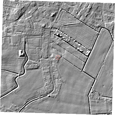 Shaded relief map of the ground around PE128QX, computed from Environment Agency LiDAR. The ground here sits at about 4 m above sea level and falls 6 m across the surrounding 800 m. Surface water reaching this point runs off ground lying to the west, 0.7 m higher.