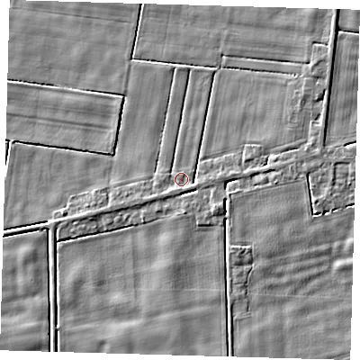 Shaded relief map of the ground around PE128RF, computed from Environment Agency LiDAR. The ground here sits at about 2 m above sea level and falls 3 m across the surrounding 800 m. Surface water reaching this point runs off ground lying to the south-south-west, 0.9 m higher.