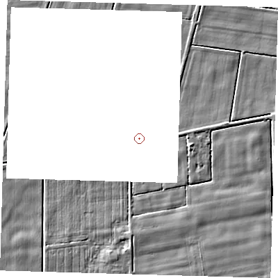 Shaded relief map of the ground around PE128RG, computed from Environment Agency LiDAR. and falls 3 m across the surrounding 800 m.