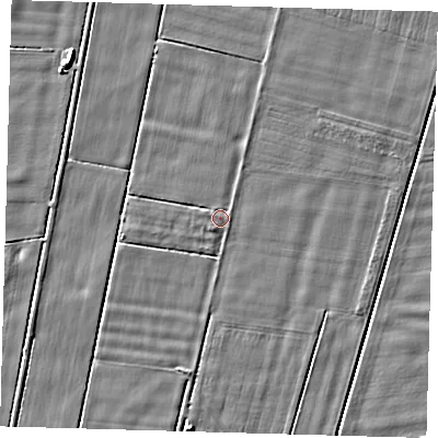 Shaded relief map of the ground around PE128RH, computed from Environment Agency LiDAR. The ground here sits at about 3 m above sea level and falls 4 m across the surrounding 800 m. Surface water reaching this point runs off ground lying to the east-south-east, 0.5 m higher.