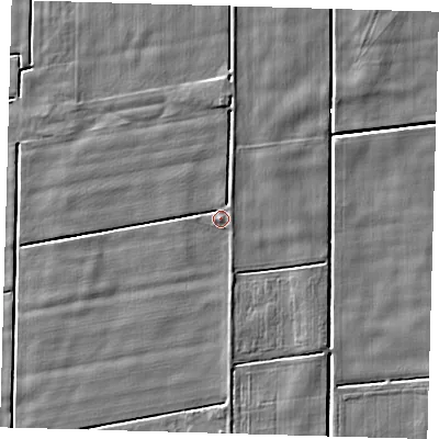 Shaded relief map of the ground around PE128RJ, computed from Environment Agency LiDAR. The ground here sits at about 2 m above sea level and falls 3 m across the surrounding 800 m. Surface water reaching this point runs off ground lying to the south, 1.1 m higher.