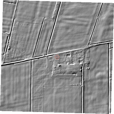 Shaded relief map of the ground around PE128RQ, computed from Environment Agency LiDAR. The ground here sits at about 2 m above sea level and falls 4 m across the surrounding 800 m. Surface water reaching this point runs off ground lying to the south-south-east, 1.5 m higher.