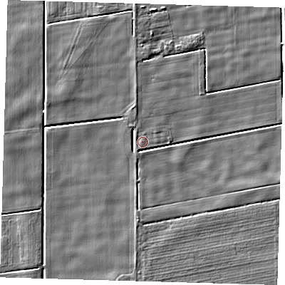 Shaded relief map of the ground around PE128RR, computed from Environment Agency LiDAR. The ground here sits at about 2 m above sea level and falls 3 m across the surrounding 800 m. Surface water reaching this point runs off ground lying to the west-north-west, 2.1 m higher.