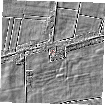 Shaded relief map of the ground around PE128RS, computed from Environment Agency LiDAR. The ground here sits at about 2 m above sea level and falls 3 m across the surrounding 800 m. Surface water reaching this point runs off ground lying to the north-west, 1.2 m higher.