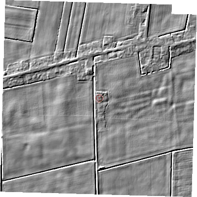 Shaded relief map of the ground around PE128RT, computed from Environment Agency LiDAR. The ground here sits at about 3 m above sea level and falls 4 m across the surrounding 800 m. Surface water reaching this point runs off ground lying to the north-north-west, 2.4 m higher.