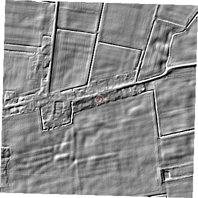 Shaded relief map of the ground around PE128SD, computed from Environment Agency LiDAR. The ground here sits at about 2 m above sea level and falls 3 m across the surrounding 800 m. Surface water reaching this point runs off ground lying to the west-north-west, 0.9 m higher.