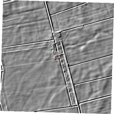 Shaded relief map of the ground around PE128SE, computed from Environment Agency LiDAR. The ground here sits at about 2 m above sea level and falls 3 m across the surrounding 800 m. Surface water reaching this point runs off ground lying to the west-south-west, 1.9 m higher.