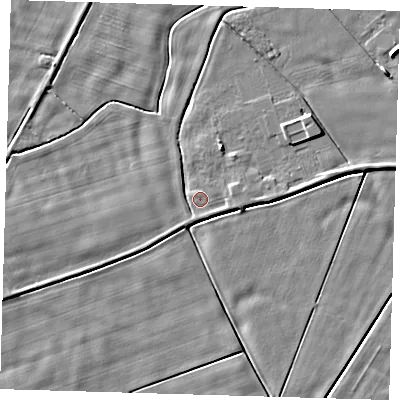 Shaded relief map of the ground around PE128SG, computed from Environment Agency LiDAR. The ground here sits at about 2 m above sea level and falls 4 m across the surrounding 800 m. Surface water reaching this point runs off ground lying to the east-north-east, 1.1 m higher.