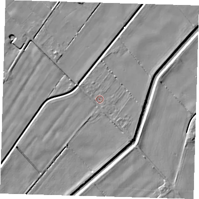 Shaded relief map of the ground around PE128SH, computed from Environment Agency LiDAR. The ground here sits at about 2 m above sea level and falls 4 m across the surrounding 800 m. Surface water reaching this point runs off ground lying to the south-east, 1.2 m higher.