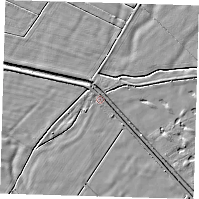 Shaded relief map of the ground around PE128SL, computed from Environment Agency LiDAR. The ground here sits at about 2 m above sea level and falls 3 m across the surrounding 800 m. Surface water reaching this point runs off ground lying to the south-east, 3.0 m higher.