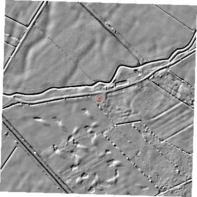 Shaded relief map of the ground around PE128SN, computed from Environment Agency LiDAR. The ground here sits at about 2 m above sea level and falls 4 m across the surrounding 800 m. Surface water reaching this point runs off ground lying to the west, 1.7 m higher.