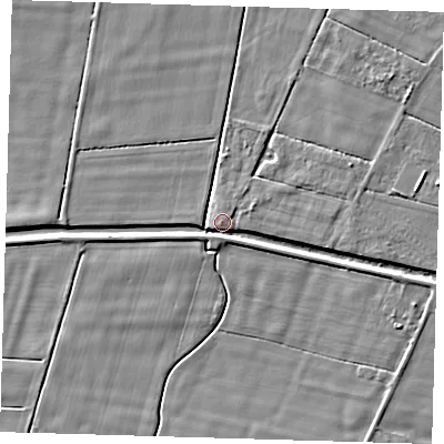Shaded relief map of the ground around PE128SP, computed from Environment Agency LiDAR. The ground here sits at about 3 m above sea level and falls 4 m across the surrounding 800 m. Surface water reaching this point runs off ground lying to the east-south-east, 3.5 m higher.
